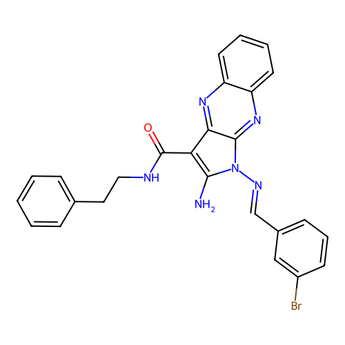 (E)-2-amino-1-((3-bromobenzylidene)amino)-N-phenethyl-1H-pyrrolo[2,3-b]quinoxaline-3-carboxamide structure