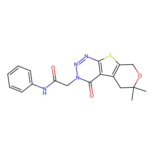 2-(6,6-dimethyl-4-oxo-5,8-dihydro-4H-pyrano[4',3':4,5]thieno[2,3-d][1,2,3]triazin-3(6H)-yl)-N-phenylacetamide structure
