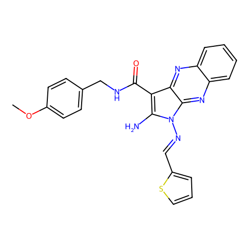 (E)-2-amino-N-(4-methoxybenzyl)-1-((thiophen-2-ylmethylene)amino)-1H-pyrrolo[2,3-b]quinoxaline-3-carboxamide structure