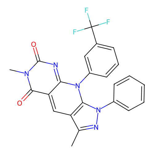 3,6-dimethyl-1-phenyl-9-(3-(trifluoromethyl)phenyl)-1H-pyrazolo[4',3':5,6]pyrido[2,3-d]pyrimidine-5,7(6H,9H)-dione structure