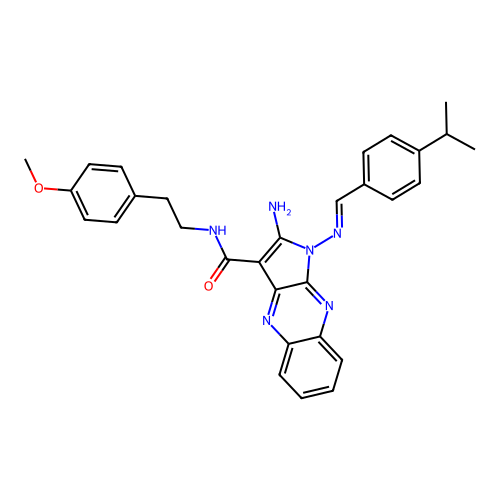 (E)-2-amino-1-((4-isopropylbenzylidene)amino)-N-(4-methoxyphenethyl)-1H-pyrrolo[2,3-b]quinoxaline-3-carboxamide structure