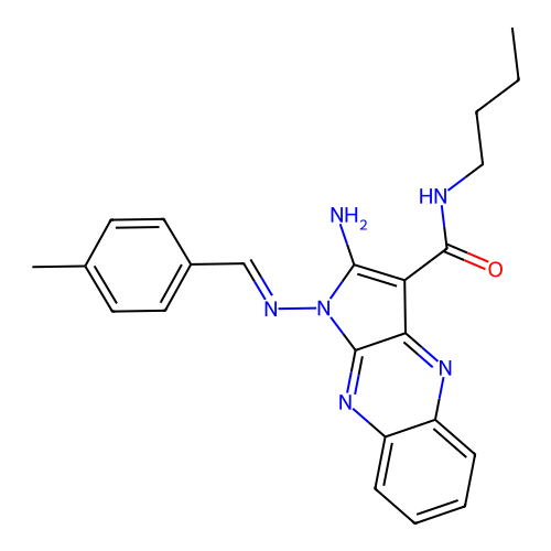 (E)-2-amino-N-butyl-1-((4-methylbenzylidene)amino)-1H-pyrrolo[2,3-b]quinoxaline-3-carboxamide structure
