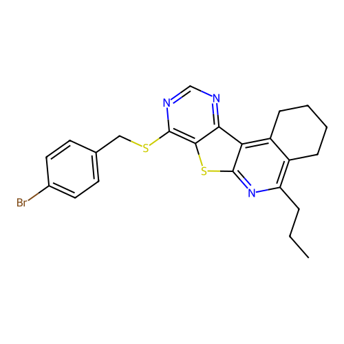 8-((4-bromobenzyl)thio)-5-propyl-1,2,3,4-tetrahydropyrimido[4',5':4,5]thieno[2,3-c]isoquinoline structure
