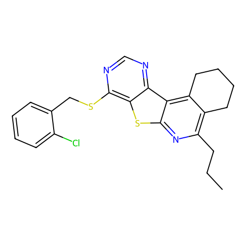 8-((2-chlorobenzyl)thio)-5-propyl-1,2,3,4-tetrahydropyrimido[4',5':4,5]thieno[2,3-c]isoquinoline structure