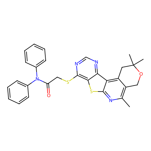 N,N-diphenyl-2-((2,2,5-trimethyl-2,4-dihydro-1H-pyrano[4'',3'':4',5']pyrido[3',2':4,5]thieno[3,2-d]pyrimidin-8-yl)thio)acetamide structure