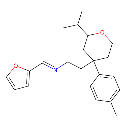 (E)-N-(furan-2-ylmethylene)-2-(2-isopropyl-4-(p-tolyl)tetrahydro-2H-pyran-4-yl)ethanamine structure