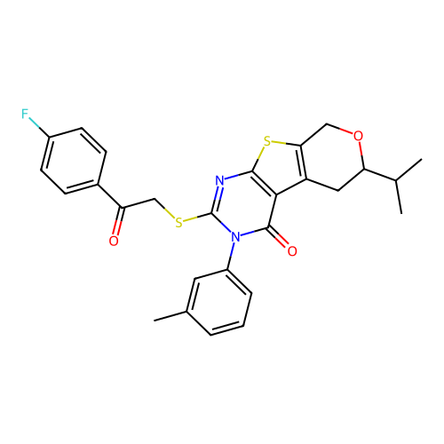 2-((2-(4-fluorophenyl)-2-oxoethyl)thio)-6-isopropyl-3-(m-tolyl)-5,6-dihydro-3H-pyrano[4',3':4,5]thieno[2,3-d]pyrimidin-4(8H)-one structure