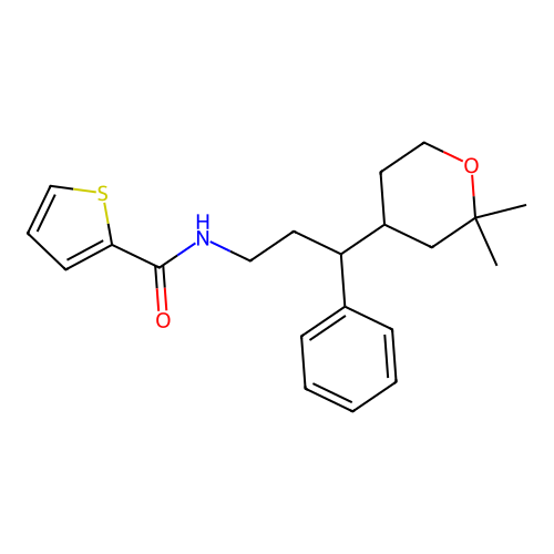 N-[3-(2,2-dimethyloxan-4-yl)-3-phenylpropyl]thiophene-2-carboxamide structure