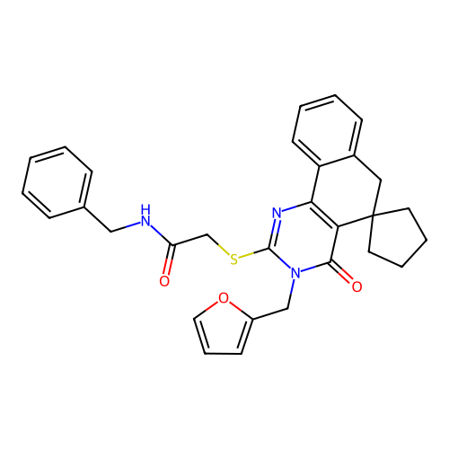 N-benzyl-2-((3-(furan-2-ylmethyl)-4-oxo-4,6-dihydro-3H-spiro[benzo[h]quinazoline-5,1'-cyclopentan]-2-yl)thio)acetamide structure