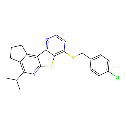7-((4-chlorobenzyl)thio)-4-isopropyl-2,3-dihydro-1H-cyclopenta[4',5']pyrido[3',2':4,5]thieno[3,2-d]pyrimidine structure