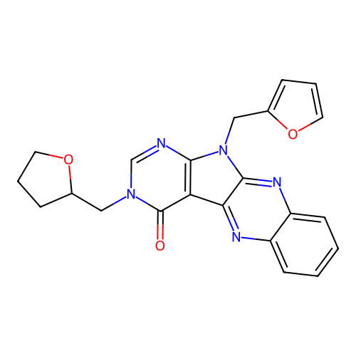 11-(furan-2-ylmethyl)-3-((tetrahydrofuran-2-yl)methyl)-3H-pyrimido[5',4':4,5]pyrrolo[2,3-b]quinoxalin-4(11H)-one structure