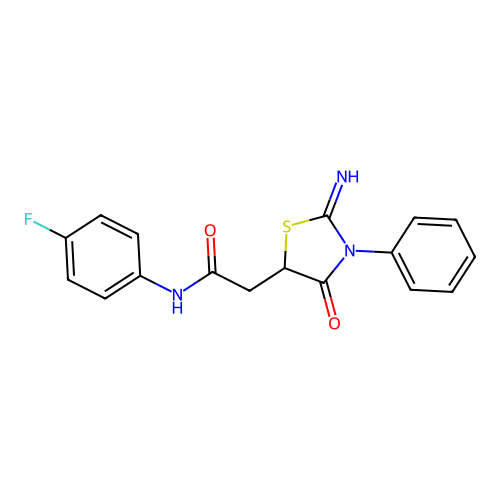 N-(4-fluorophenyl)-2-(2-imino-4-oxo-3-phenyl-1,3-thiazolidin-5-yl)acetamide structure