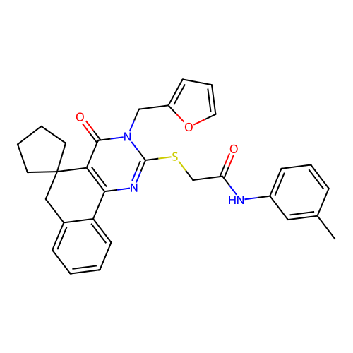 2-((3-(furan-2-ylmethyl)-4-oxo-4,6-dihydro-3H-spiro[benzo[h]quinazoline-5,1'-cyclopentan]-2-yl)thio)-N-(m-tolyl)acetamide structure
