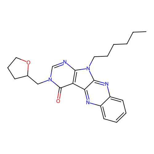 11-hexyl-3-((tetrahydrofuran-2-yl)methyl)-3H-pyrimido[5',4':4,5]pyrrolo[2,3-b]quinoxalin-4(11H)-one structure