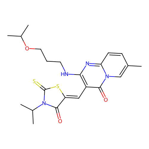 (Z)-5-((2-((3-isopropoxypropyl)amino)-7-methyl-4-oxo-4H-pyrido[1,2-a]pyrimidin-3-yl)methylene)-3-isopropyl-2-thioxothiazolidin-4-one structure