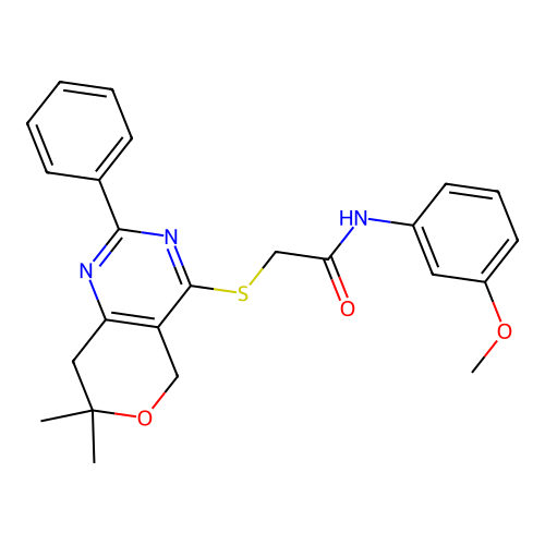 2-((7,7-dimethyl-2-phenyl-7,8-dihydro-5H-pyrano[4,3-d]pyrimidin-4-yl)thio)-N-(3-methoxyphenyl)acetamide structure