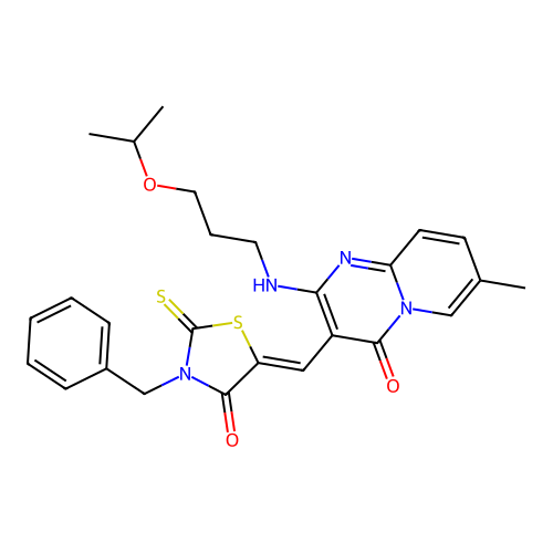 3-[(Z)-(3-benzyl-4-oxo-2-thioxo-1,3-thiazolidin-5-ylidene)methyl]-7-methyl-2-{[3-(propan-2-yloxy)propyl]amino}-4H-pyrido[1,2-a]pyrimidin-4-one structure