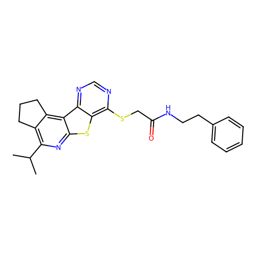 2-((4-isopropyl-2,3-dihydro-1H-cyclopenta[4',5']pyrido[3',2':4,5]thieno[3,2-d]pyrimidin-7-yl)thio)-N-phenethylacetamide structure