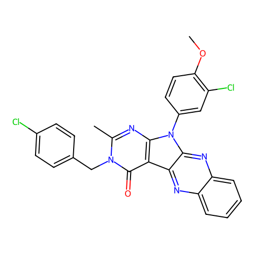 11-(3-chloro-4-methoxyphenyl)-3-(4-chlorobenzyl)-2-methyl-3H-pyrimido[5',4':4,5]pyrrolo[2,3-b]quinoxalin-4(11H)-one structure