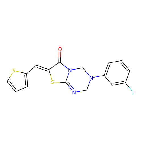 (7Z)-3-(3-fluorophenyl)-7-(thiophen-2-ylmethylidene)-2,4-dihydro-[1,3]thiazolo[3,2-a][1,3,5]triazin-6-one structure