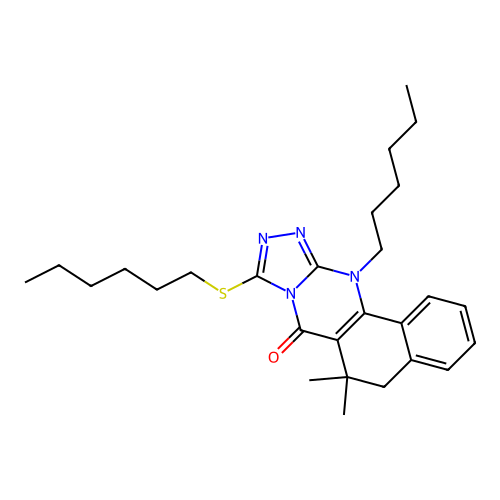 12-hexyl-9-(hexylthio)-6,6-dimethyl-5,6-dihydrobenzo[h][1,2,4]triazolo[3,4-b]quinazolin-7(12H)-one structure