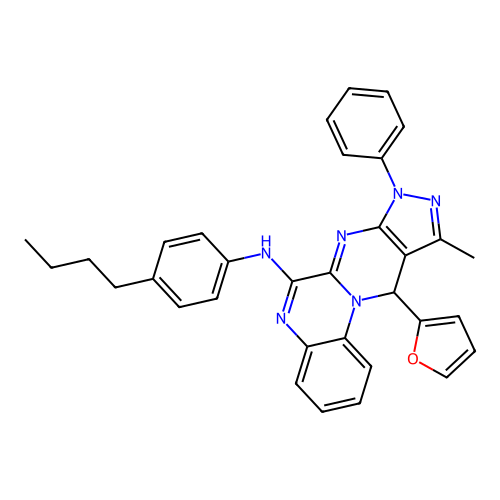 N-(4-butylphenyl)-11-(furan-2-yl)-10-methyl-8-phenyl-8,11-dihydropyrazolo[3',4':4,5]pyrimido[1,2-a]quinoxalin-6-amine structure