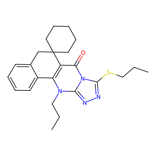 12-propyl-9-(propylthio)-5H-spiro[benzo[h][1,2,4]triazolo[3,4-b]quinazoline-6,1'-cyclohexan]-7(12H)-one structure