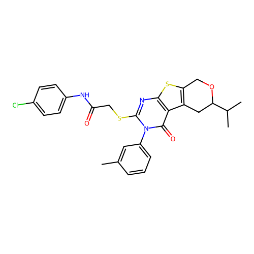 N-(4-chlorophenyl)-2-((6-isopropyl-4-oxo-3-(m-tolyl)-4,5,6,8-tetrahydro-3H-pyrano[4',3':4,5]thieno[2,3-d]pyrimidin-2-yl)thio)acetamide structure