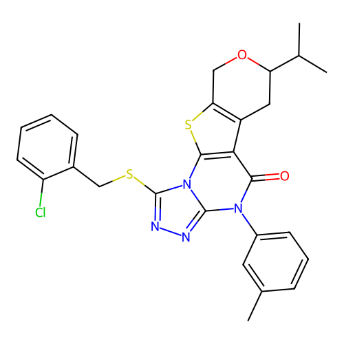 1-((2-chlorobenzyl)thio)-7-isopropyl-4-(m-tolyl)-6,7-dihydro-4H-pyrano[4',3':4,5]thieno[3,2-e][1,2,4]triazolo[4,3-a]pyrimidin-5(9H)-one structure