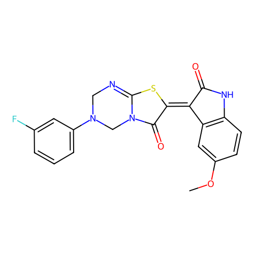 (7Z)-3-(3-fluorophenyl)-7-(5-methoxy-2-oxo-1,2-dihydro-3H-indol-3-ylidene)-3,4-dihydro-2H-[1,3]thiazolo[3,2-a][1,3,5]triazin-6(7H)-one structure