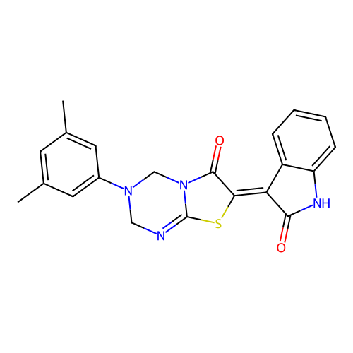 (7Z)-3-(3,5-dimethylphenyl)-7-(2-oxo-1,2-dihydro-3H-indol-3-ylidene)-3,4-dihydro-2H-[1,3]thiazolo[3,2-a][1,3,5]triazin-6(7H)-one structure