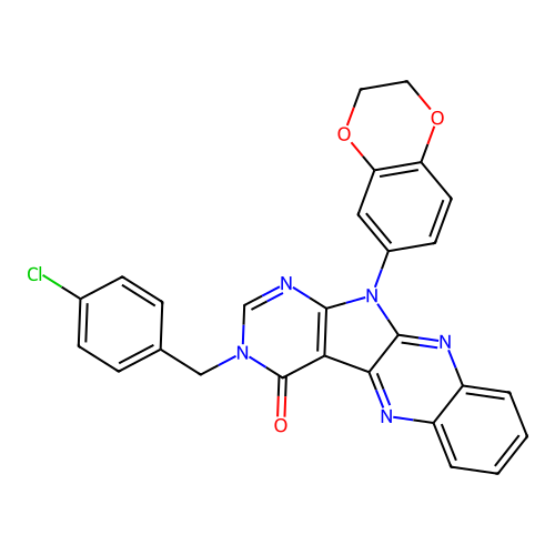 3-(4-chlorobenzyl)-11-(2,3-dihydrobenzo[b][1,4]dioxin-6-yl)-3H-pyrimido[5',4':4,5]pyrrolo[2,3-b]quinoxalin-4(11H)-one structure