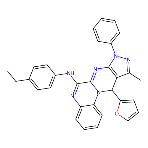 N-(4-ethylphenyl)-11-(furan-2-yl)-10-methyl-8-phenyl-8,11-dihydropyrazolo[3',4':4,5]pyrimido[1,2-a]quinoxalin-6-amine structure