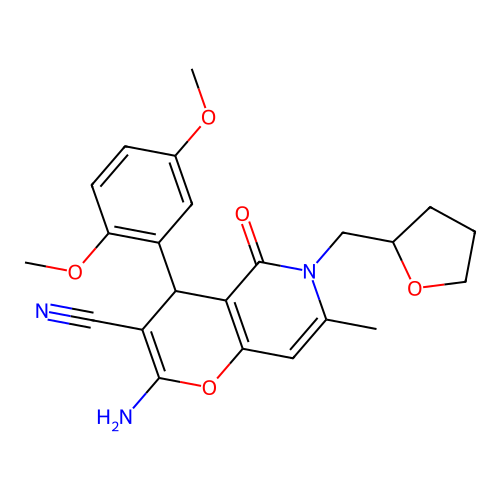 2-amino-4-(2,5-dimethoxyphenyl)-7-methyl-5-oxo-6-((tetrahydrofuran-2-yl)methyl)-5,6-dihydro-4H-pyrano[3,2-c]pyridine-3-carbonitrile structure