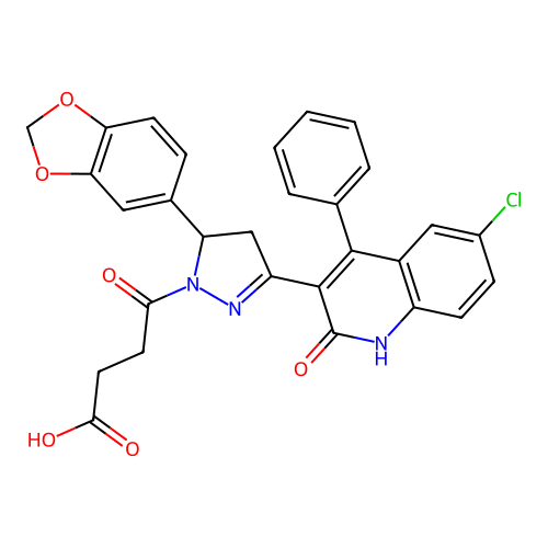 4-(5-(benzo[d][1,3]dioxol-5-yl)-3-(6-chloro-2-oxo-4-phenyl-1,2-dihydroquinolin-3-yl)-4,5-dihydro-1H-pyrazol-1-yl)-4-oxobutanoic acid structure