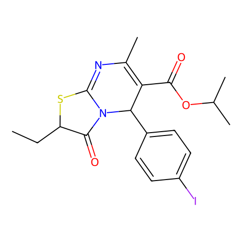 isopropyl 2-ethyl-5-(4-iodophenyl)-7-methyl-3-oxo-3,5-dihydro-2H-thiazolo[3,2-a]pyrimidine-6-carboxylate structure
