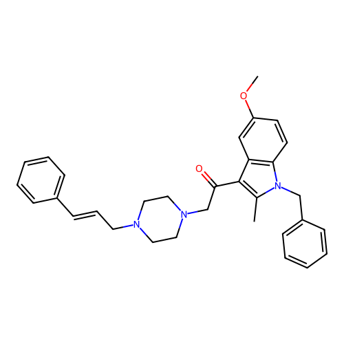 (E)-1-(1-benzyl-5-methoxy-2-methyl-1H-indol-3-yl)-2-(4-cinnamylpiperazin-1-yl)ethanone structure
