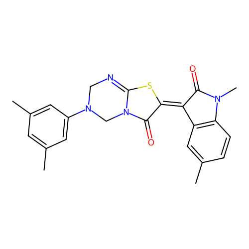 (7Z)-7-(1,5-dimethyl-2-oxo-1,2-dihydro-3H-indol-3-ylidene)-3-(3,5-dimethylphenyl)-3,4-dihydro-2H-[1,3]thiazolo[3,2-a][1,3,5]triazin-6(7H)-one structure