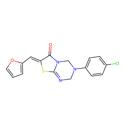 (7Z)-3-(4-chlorophenyl)-7-(furan-2-ylmethylidene)-2,4-dihydro-[1,3]thiazolo[3,2-a][1,3,5]triazin-6-one structure