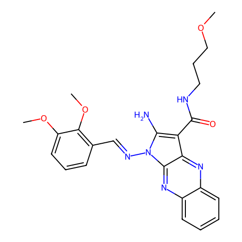 (E)-2-amino-1-((2,3-dimethoxybenzylidene)amino)-N-(3-methoxypropyl)-1H-pyrrolo[2,3-b]quinoxaline-3-carboxamide structure