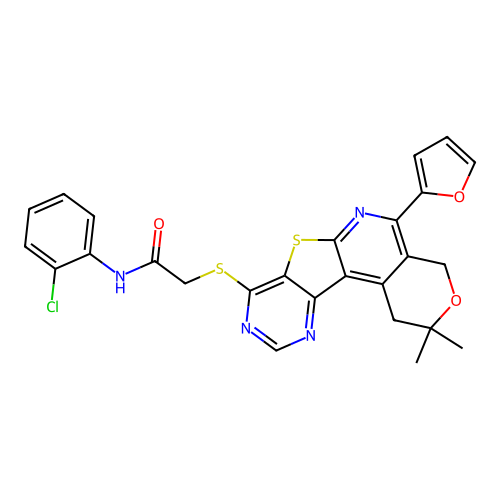 N-(2-chlorophenyl)-2-((5-(furan-2-yl)-2,2-dimethyl-2,4-dihydro-1H-pyrano[4'',3'':4',5']pyrido[3',2':4,5]thieno[3,2-d]pyrimidin-8-yl)thio)acetamide structure