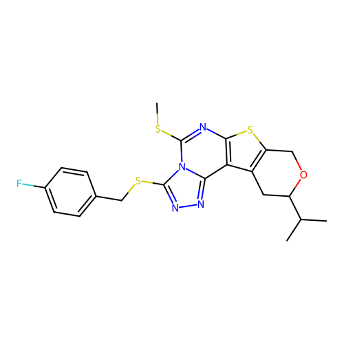 3-((4-fluorobenzyl)thio)-10-isopropyl-5-(methylthio)-10,11-dihydro-8H-pyrano[4',3':4,5]thieno[3,2-e][1,2,4]triazolo[4,3-c]pyrimidine structure