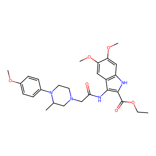 5,6-Dimethoxy-3-{2-[4-(4-methoxy-phenyl)-3-methyl-piperazin-1-yl]-acetylamino}-1H-indole-2-carboxylic  acid ethyl ester structure