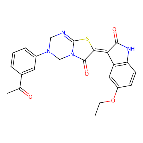 (7Z)-3-(3-acetylphenyl)-7-(5-ethoxy-2-oxo-1,2-dihydro-3H-indol-3-ylidene)-3,4-dihydro-2H-[1,3]thiazolo[3,2-a][1,3,5]triazin-6(7H)-one structure