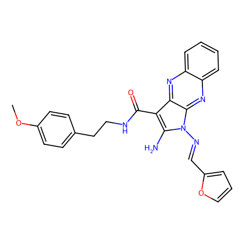 (E)-2-amino-1-((furan-2-ylmethylene)amino)-N-(4-methoxyphenethyl)-1H-pyrrolo[2,3-b]quinoxaline-3-carboxamide structure