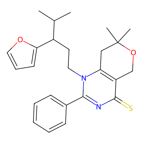1-(3-(furan-2-yl)-4-methylpentyl)-7,7-dimethyl-2-phenyl-7,8-dihydro-1H-pyrano[4,3-d]pyrimidine-4(5H)-thione structure
