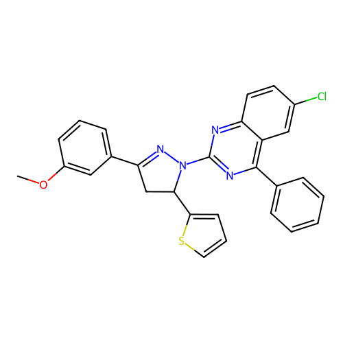 6-chloro-2-(3-(3-methoxyphenyl)-5-(thiophen-2-yl)-4,5-dihydro-1H-pyrazol-1-yl)-4-phenylquinazoline structure