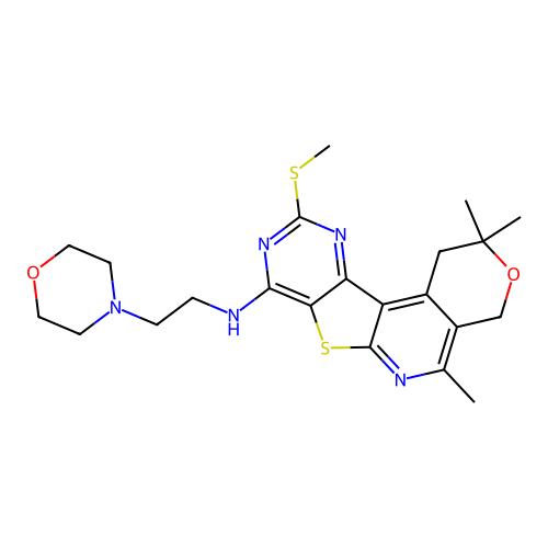 2,2,5-trimethyl-10-(methylsulfanyl)-N-[2-(morpholin-4-yl)ethyl]-1,4-dihydro-2H-pyrano[4'',3'':4',5']pyrido[3',2':4,5]thieno[3,2-d]pyrimidin-8-amine structure