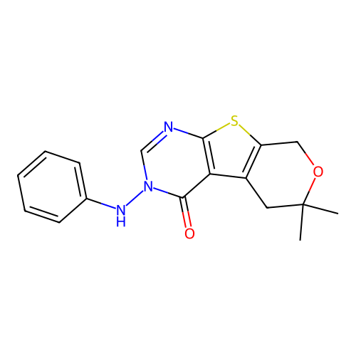 6,6-dimethyl-3-(phenylamino)-5,6-dihydro-3H-pyrano[4',3':4,5]thieno[2,3-d]pyrimidin-4(8H)-one structure