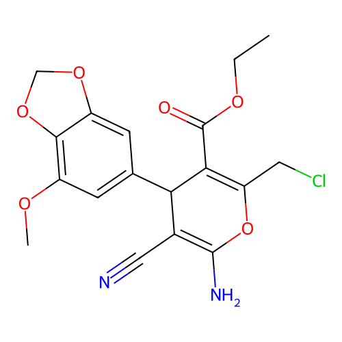 ethyl 6-amino-2-(chloromethyl)-5-cyano-4-(7-methoxy-1,3-benzodioxol-5-yl)-4H-pyran-3-carboxylate structure